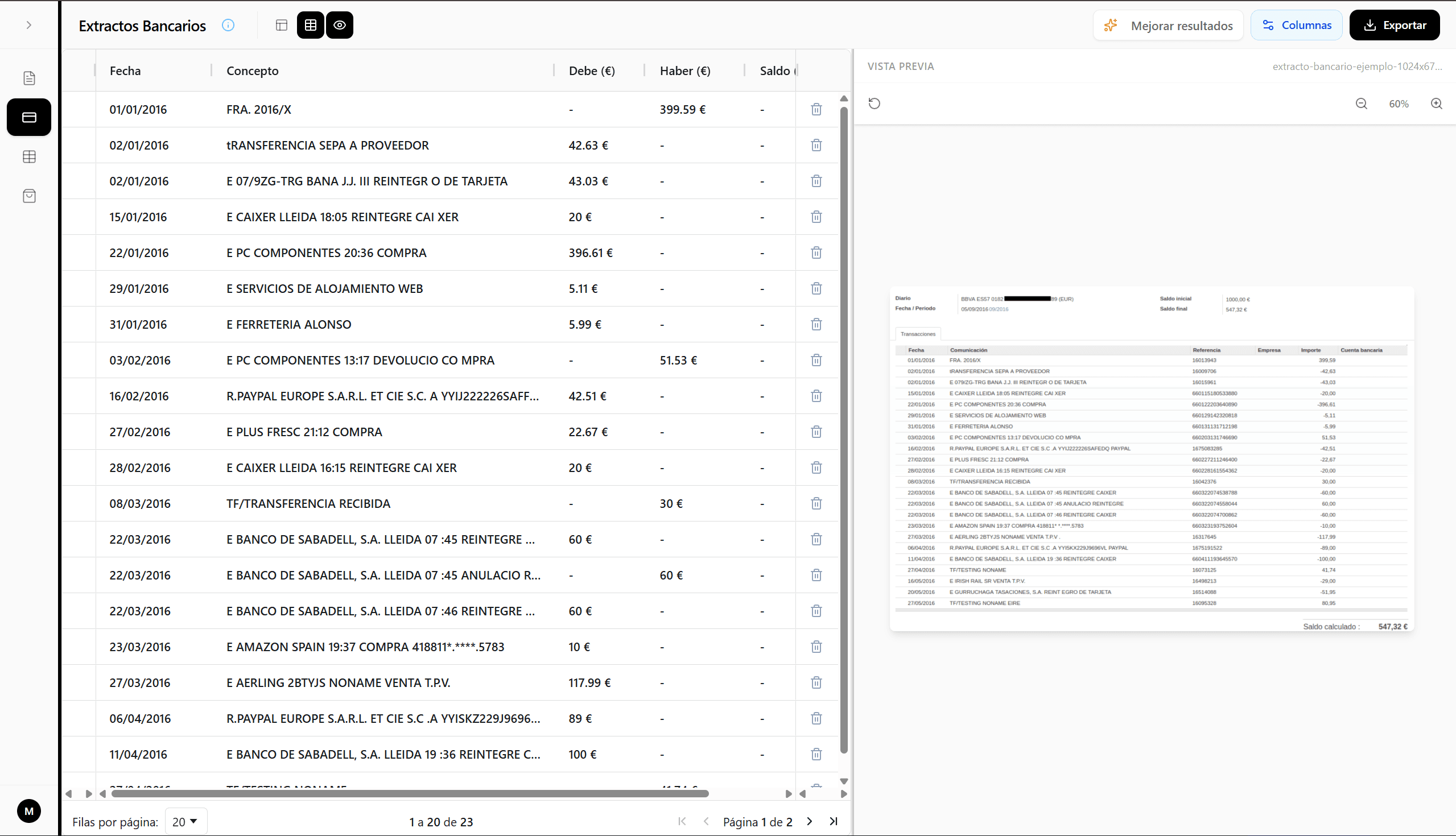 AIScan convirtiendo extracto bancario a Excel - interfaz con preview del documento y tabla de movimientos